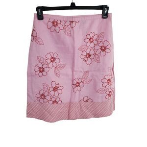 Eddie Bauer Skirt Womens 8 Pink Embroidered Knee Length Side Zip 100% Linen Summ